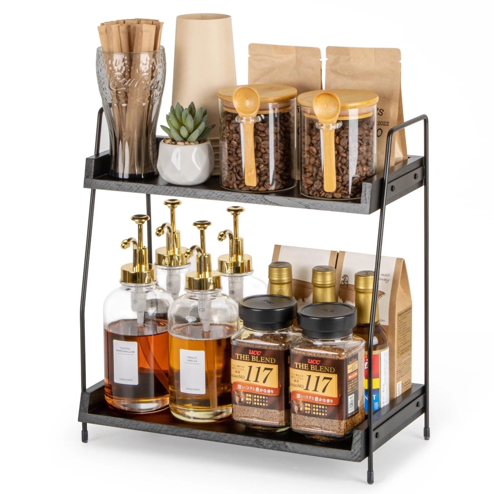 2-Tier Coffee Station Organizer, Wooden Kitchen Counter Shelf, Black