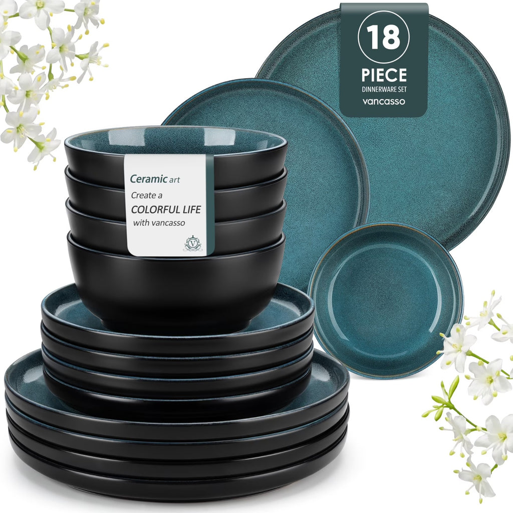 Malacasa 18 Pcs Dinnerware Sets, Stoneware Plates and Bowls Set, Tableware Dishwasher Microwave Safe, Serves For 6 people, Blue